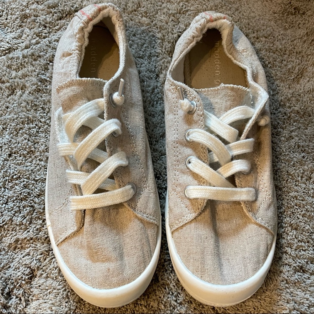Madden Girl, Tan Sneakers, W8, Peach design on back